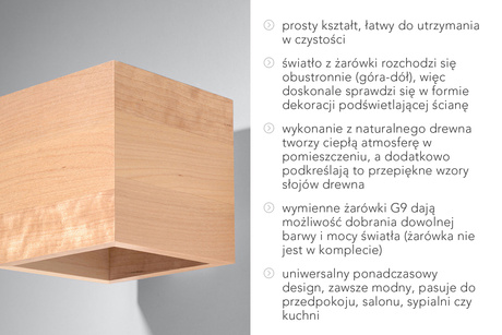 Wall lamp QUAD natural wood + 1x LED Bulb G9 4000K Cool White 4.5W 530lm