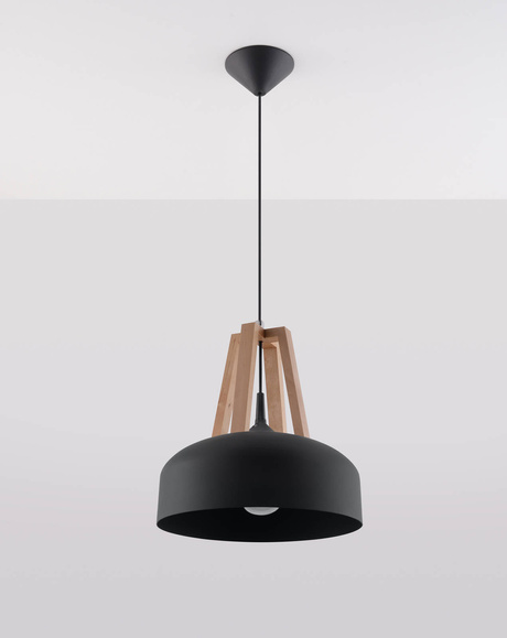 Pendant lamp CASCO black/natural wood + 1x LED Bulb E27 3000K Warm 7.5W 620lm