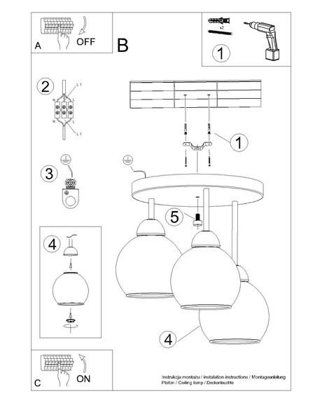 Chandelier ALINO 3 black + 3x LED Bulb E27 4000K Cool White 7.5W 690lm