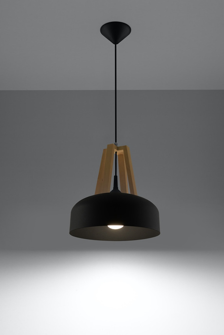 Ceiling pendant lamp CASCO black/natural wood + 1x LED Bulb E27 4000K Cool White 7.5W 650lm