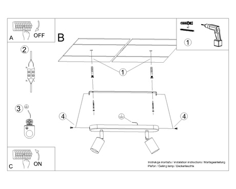 Ceiling lamp FORNES 2 black with 2 LED E27 4000K Cool White 7.5W 690lm Bulbs.