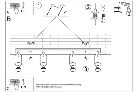 Ceiling lamp NERO 4 black/gold + 4x LED Bulb GU-10 4000K Cool White 7W 630lm