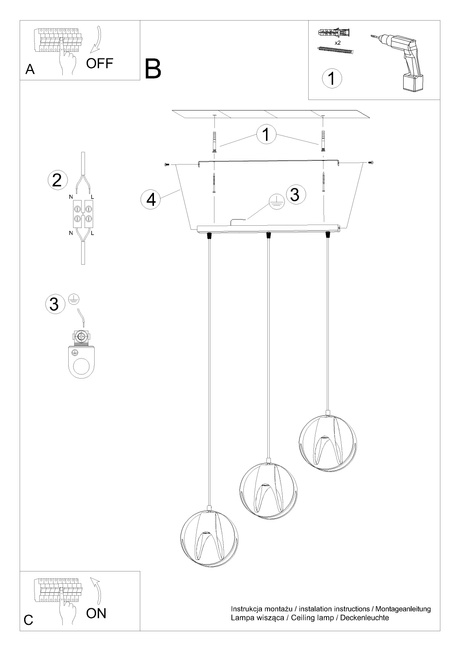 Hanging lamp TULOS 3L black + 3x LED Bulb E27 4000K Cool White 7.5W 650lm