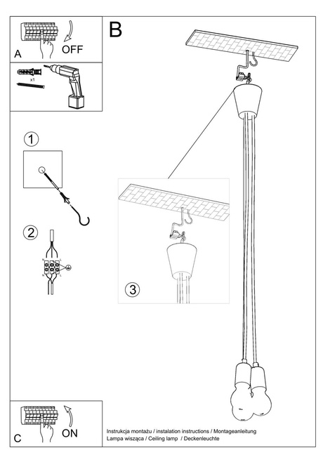 Ceiling lamp DIEGO 3 black + 3x LED Bulb E27 3000K Warm 7.5W 620lm