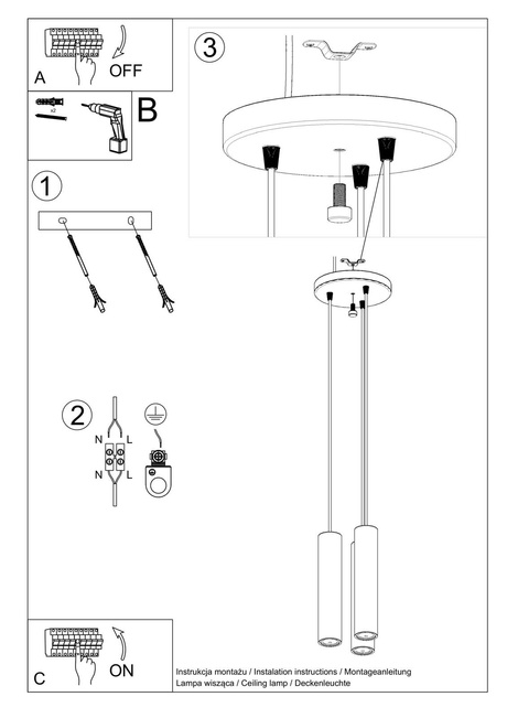 Hanging Lamp LINO 3P natural wood + 3x LED Bulb GU-10 4000K Cold 7W 630lm