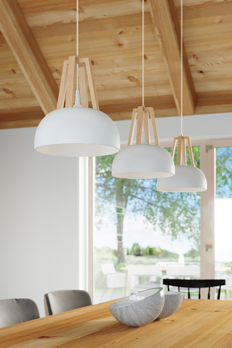 Pendant lamp CASCO white/natural wood + 1x LED bulb E27 4000K Cool White 7.5W 650lm