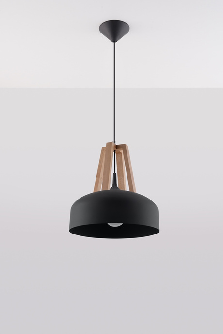 Pendant lamp CASCO black/natural wood + 1x LED Bulb E27 3000K Warm 7.5W 620lm