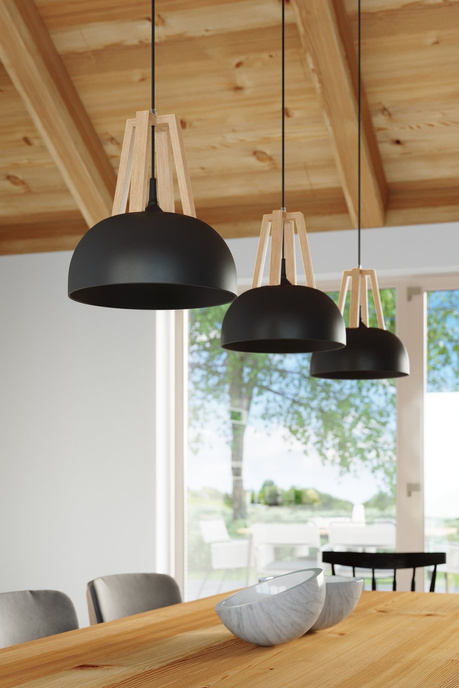 Pendant lamp CASCO black/natural wood + 1x LED Bulb E27 3000K Warm 7.5W 620lm