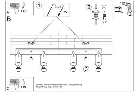 Ceiling lamp NERO 4 black/gold + 4x LED bulb GU-10 3000K Warm 7W 620lm