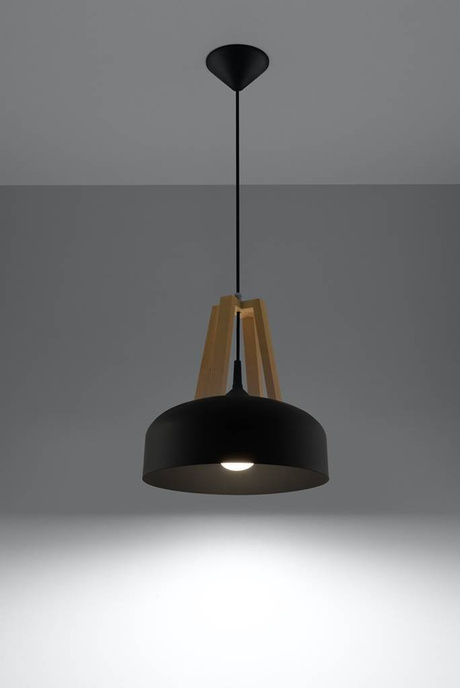 Ceiling pendant lamp CASCO black/natural wood + 1x LED Bulb E27 4000K Cool White 7.5W 650lm