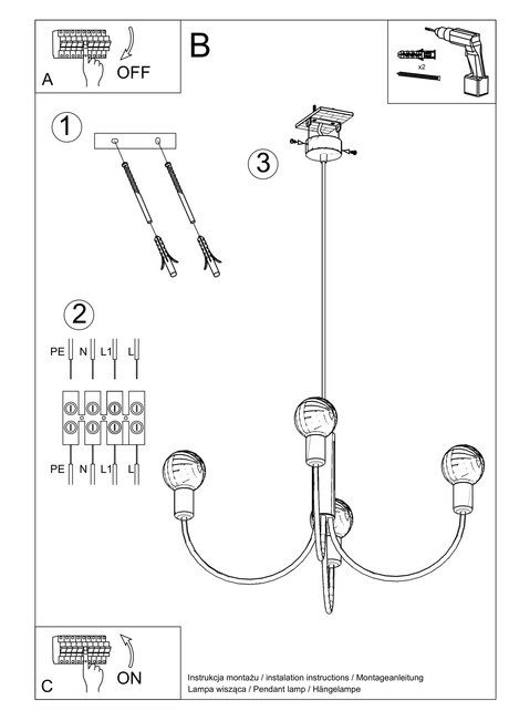 Chandelier PICCOLO 3 + 3x LED Bulb E27 3000K Warm 7.5W 620lm